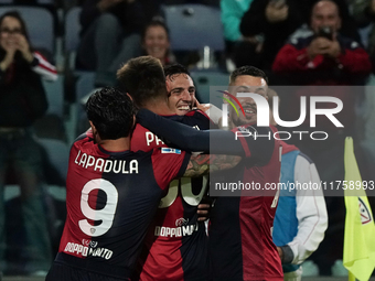 Gabriele Zappa (#28 Cagliari Calcio) celebrates during the Serie A TIM match between Cagliari Calcio and AC Milan in Italy on November 9, 20...