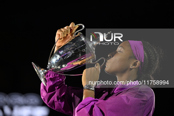 RIYADH, SAUDI ARABIA - NOVEMBER 09: Coco Gauff of USA during the Final match against Quinwen Zheng of China on Day 8 of the 2024 WTA Finals,...