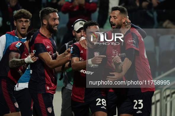 Gabriele Zappa (#28 Cagliari Calcio) celebrates during the Serie A TIM match between Cagliari Calcio and AC Milan in Italy on November 9, 20...