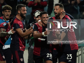 Gabriele Zappa (#28 Cagliari Calcio) celebrates during the Serie A TIM match between Cagliari Calcio and AC Milan in Italy on November 9, 20...