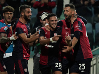 Gabriele Zappa (#28 Cagliari Calcio) celebrates during the Serie A TIM match between Cagliari Calcio and AC Milan in Italy on November 9, 20...