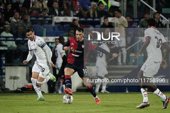 Nadir Zortea (#19 Cagliari Calcio) participates in the Serie A TIM match between Cagliari Calcio and AC Milan in Italy on November 9, 2024. 