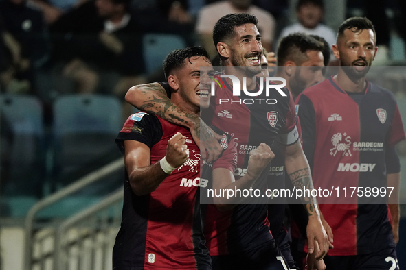 Gabriele Zappa (#28 Cagliari Calcio) celebrates during the Serie A TIM match between Cagliari Calcio and AC Milan in Italy on November 9, 20...