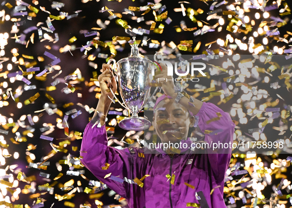 RIYADH, SAUDI ARABIA - NOVEMBER 09: Coco Gauff of USA celebrates after winning the Final match against Quinwen Zheng of China on Day 8 of th...