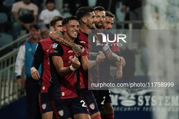 Gabriele Zappa (#28 Cagliari Calcio) celebrates during the Serie A TIM match between Cagliari Calcio and AC Milan in Italy on November 9, 20...