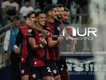 Gabriele Zappa (#28 Cagliari Calcio) celebrates during the Serie A TIM match between Cagliari Calcio and AC Milan in Italy on November 9, 20...