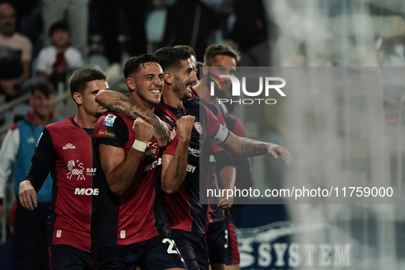 Gabriele Zappa (#28 Cagliari Calcio) celebrates during the Serie A TIM match between Cagliari Calcio and AC Milan in Italy on November 9, 20...