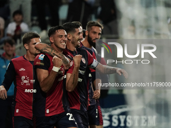 Gabriele Zappa (#28 Cagliari Calcio) celebrates during the Serie A TIM match between Cagliari Calcio and AC Milan in Italy on November 9, 20...