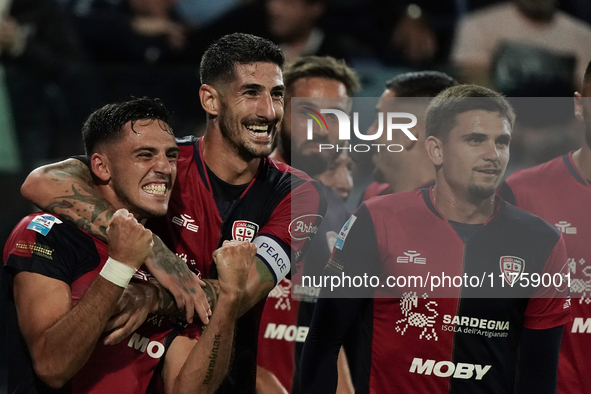 Gabriele Zappa (#28 Cagliari Calcio) celebrates during the Serie A TIM match between Cagliari Calcio and AC Milan in Italy on November 9, 20...