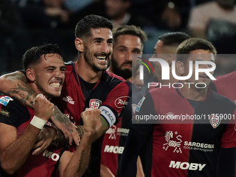 Gabriele Zappa (#28 Cagliari Calcio) celebrates during the Serie A TIM match between Cagliari Calcio and AC Milan in Italy on November 9, 20...