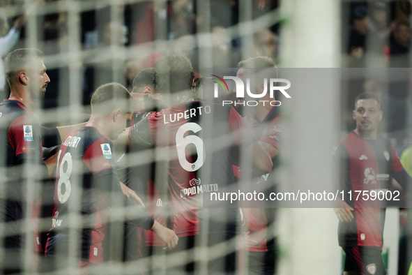 Gabriele Zappa (#28 Cagliari Calcio) celebrates during the Serie A TIM match between Cagliari Calcio and AC Milan in Italy on November 9, 20...