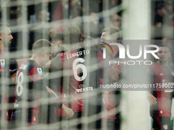 Gabriele Zappa (#28 Cagliari Calcio) celebrates during the Serie A TIM match between Cagliari Calcio and AC Milan in Italy on November 9, 20...