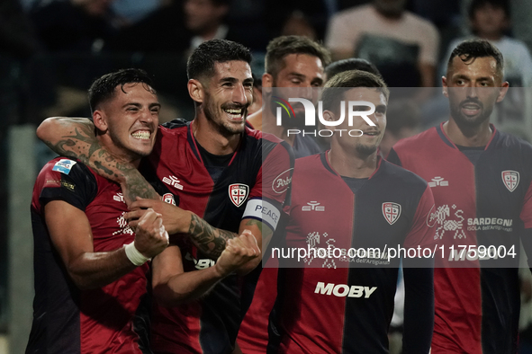 Gabriele Zappa (#28 Cagliari Calcio) celebrates during the Serie A TIM match between Cagliari Calcio and AC Milan in Italy on November 9, 20...