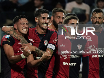 Gabriele Zappa (#28 Cagliari Calcio) celebrates during the Serie A TIM match between Cagliari Calcio and AC Milan in Italy on November 9, 20...