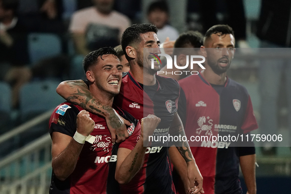 Gabriele Zappa (#28 Cagliari Calcio) celebrates during the Serie A TIM match between Cagliari Calcio and AC Milan in Italy on November 9, 20...