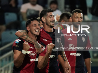 Gabriele Zappa (#28 Cagliari Calcio) celebrates during the Serie A TIM match between Cagliari Calcio and AC Milan in Italy on November 9, 20...