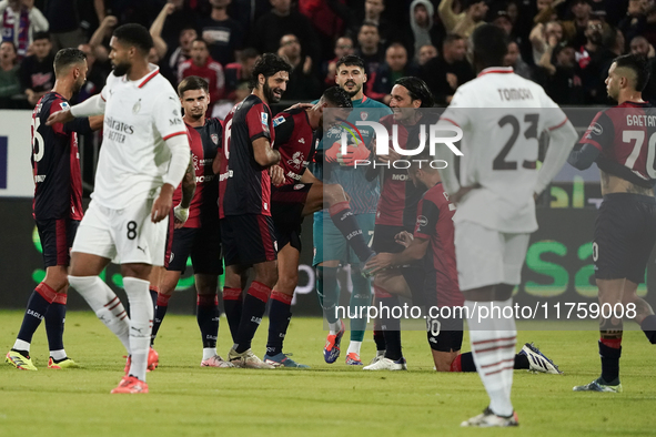 The team of Cagliari celebrates during the Serie A TIM match between Cagliari Calcio and AC Milan in Italy on November 9, 2024. 