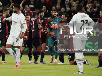 The team of Cagliari celebrates during the Serie A TIM match between Cagliari Calcio and AC Milan in Italy on November 9, 2024. (