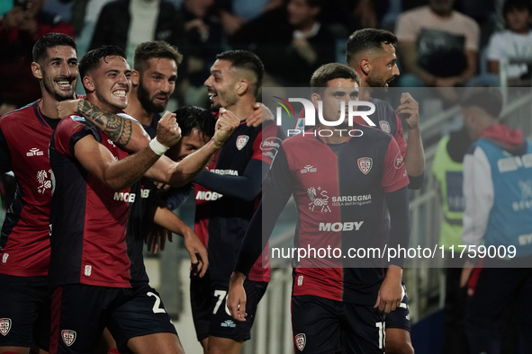 Gabriele Zappa (#28 Cagliari Calcio) celebrates during the Serie A TIM match between Cagliari Calcio and AC Milan in Italy on November 9, 20...