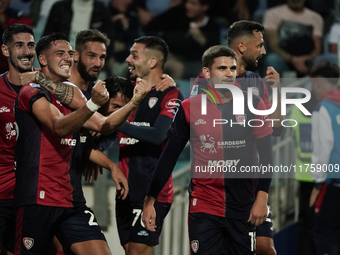 Gabriele Zappa (#28 Cagliari Calcio) celebrates during the Serie A TIM match between Cagliari Calcio and AC Milan in Italy on November 9, 20...