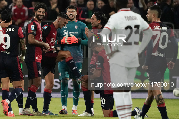 The team of Cagliari celebrates during the Serie A TIM match between Cagliari Calcio and AC Milan in Italy on November 9, 2024. 