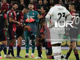 The team of Cagliari celebrates during the Serie A TIM match between Cagliari Calcio and AC Milan in Italy on November 9, 2024. (