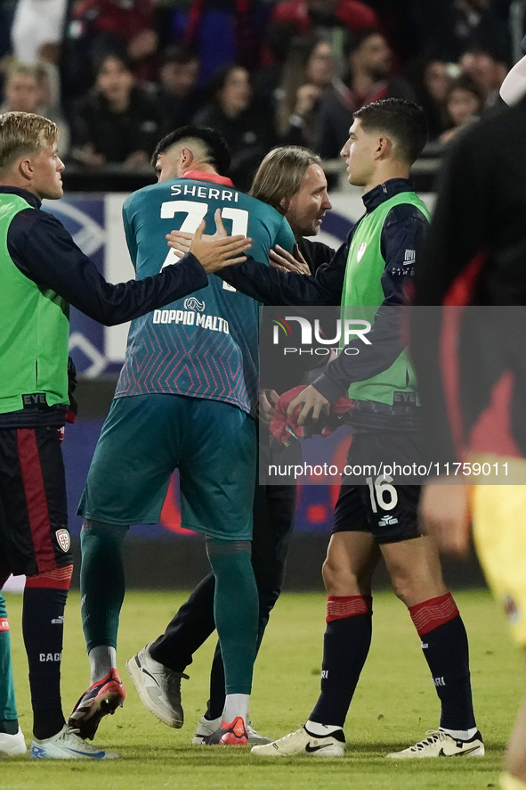 The team of Cagliari celebrates during the Serie A TIM match between Cagliari Calcio and AC Milan in Italy on November 9, 2024. 