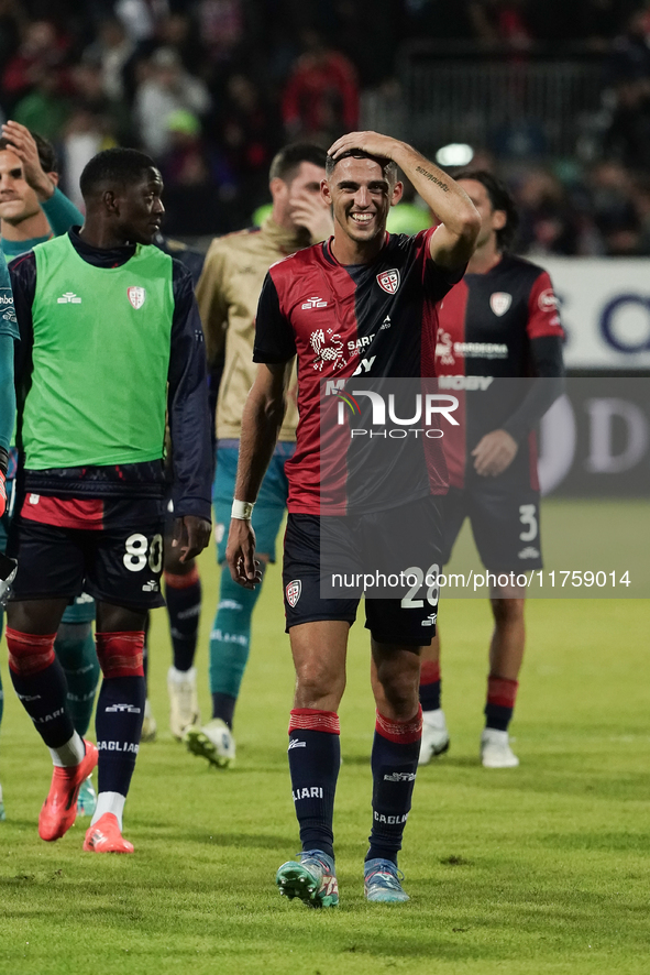 The team of Cagliari celebrates during the Serie A TIM match between Cagliari Calcio and AC Milan in Italy on November 9, 2024. 