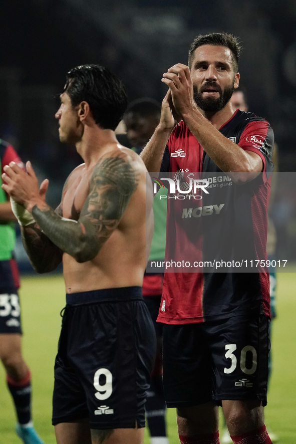 The team of Cagliari celebrates during the Serie A TIM match between Cagliari Calcio and AC Milan in Italy on November 9, 2024. 