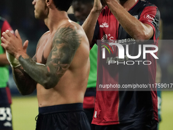 The team of Cagliari celebrates during the Serie A TIM match between Cagliari Calcio and AC Milan in Italy on November 9, 2024. (