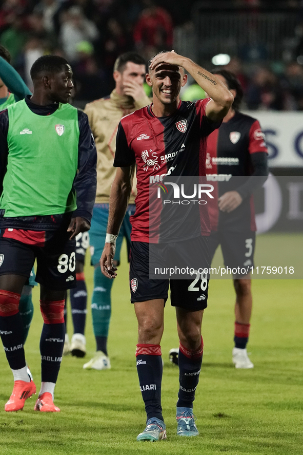 The team of Cagliari celebrates during the Serie A TIM match between Cagliari Calcio and AC Milan in Italy on November 9, 2024. 