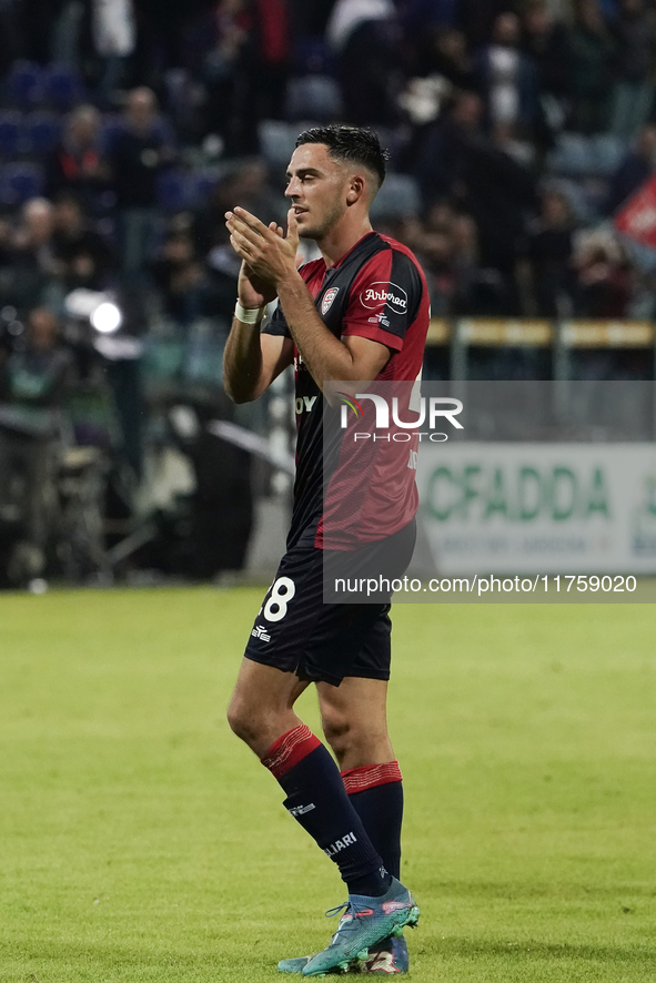 The team of Cagliari celebrates during the Serie A TIM match between Cagliari Calcio and AC Milan in Italy on November 9, 2024. 