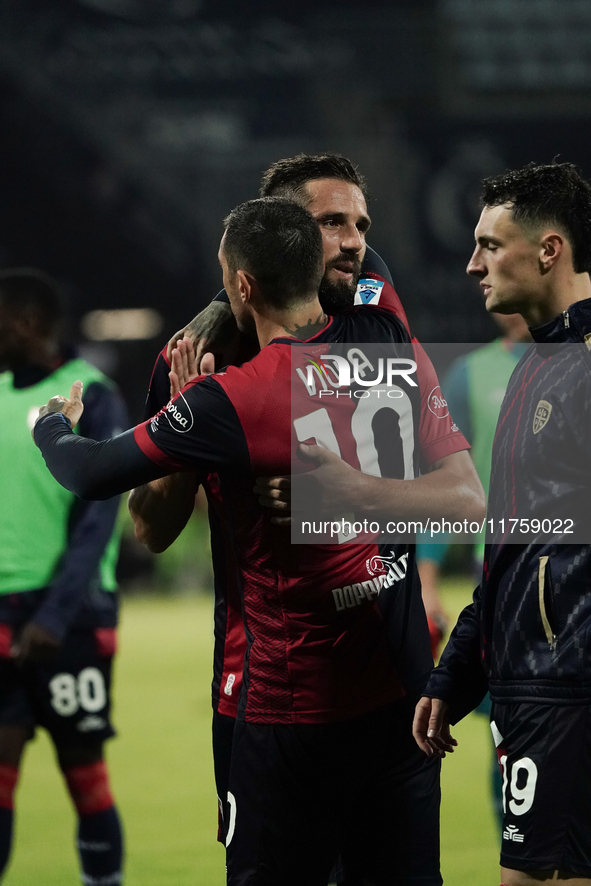 The team of Cagliari celebrates during the Serie A TIM match between Cagliari Calcio and AC Milan in Italy on November 9, 2024. 