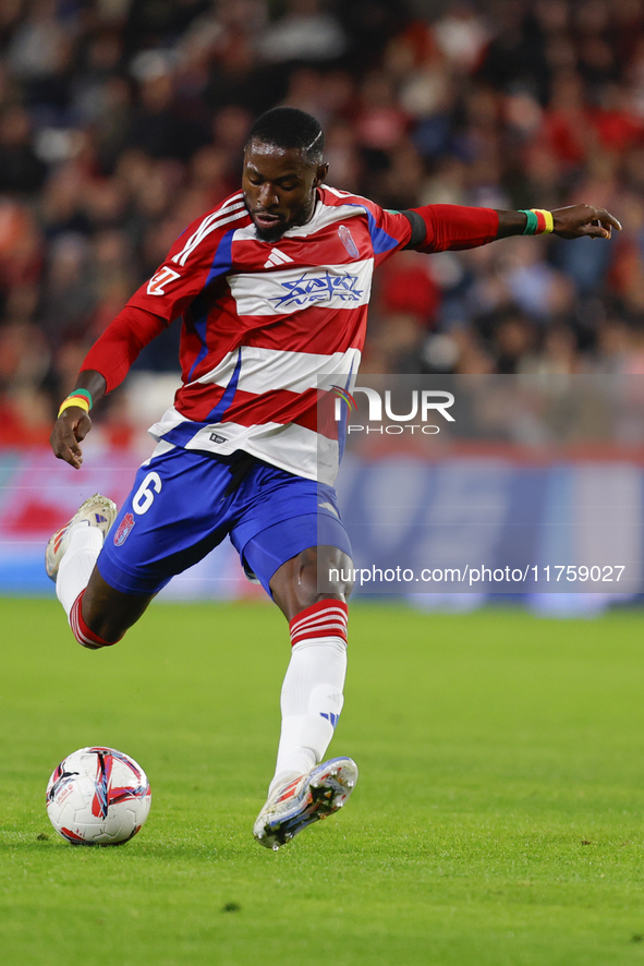 Martin Hongla of Granada CF participates in the LaLiga Hypermotion match between Granada CF and CD Eldense at Nuevo Los Carmenes Stadium in...