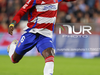 Martin Hongla of Granada CF participates in the LaLiga Hypermotion match between Granada CF and CD Eldense at Nuevo Los Carmenes Stadium in...