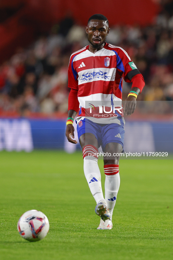 Martin Hongla of Granada CF participates in the LaLiga Hypermotion match between Granada CF and CD Eldense at Nuevo Los Carmenes Stadium in...