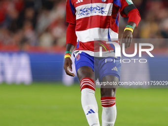 Martin Hongla of Granada CF participates in the LaLiga Hypermotion match between Granada CF and CD Eldense at Nuevo Los Carmenes Stadium in...