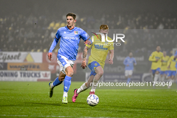 NEC midfielder Mees Hoedemakers and RKC midfielder Richard van der Venne play during the match RKC vs. NEC at the Mandemakers Stadium in Waa...