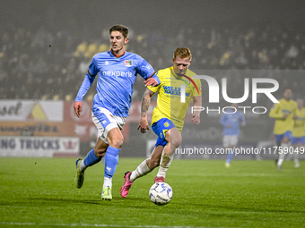 NEC midfielder Mees Hoedemakers and RKC midfielder Richard van der Venne play during the match RKC vs. NEC at the Mandemakers Stadium in Waa...