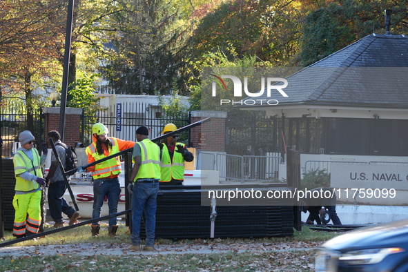 Security officials remove riot fences from around the Vice President's residence in the United States on November 9, 2024. The fences are se...