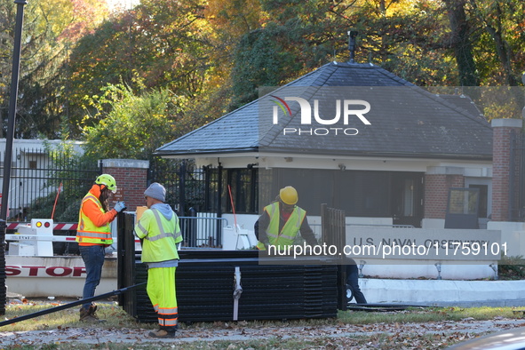 Security officials remove riot fences from around the Vice President's residence in the United States on November 9, 2024. The fences are se...