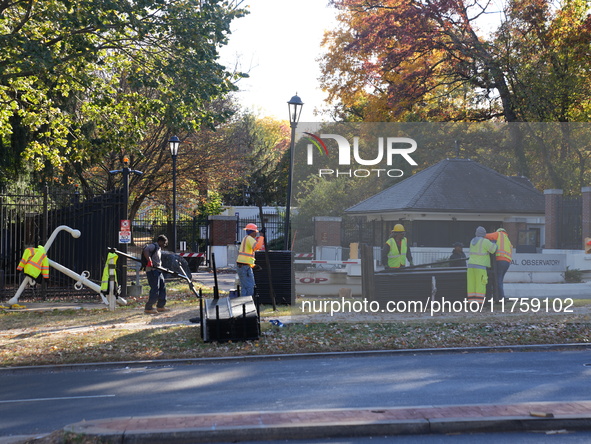 Security officials remove riot fences from around the Vice President's residence in the United States on November 9, 2024. The fences are se...