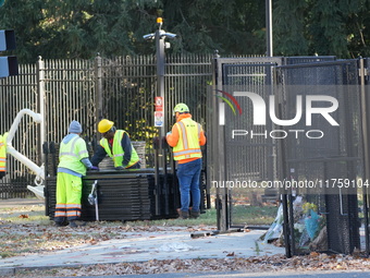 Security officials remove riot fences from around the Vice President's residence in the United States on November 9, 2024. The fences are se...