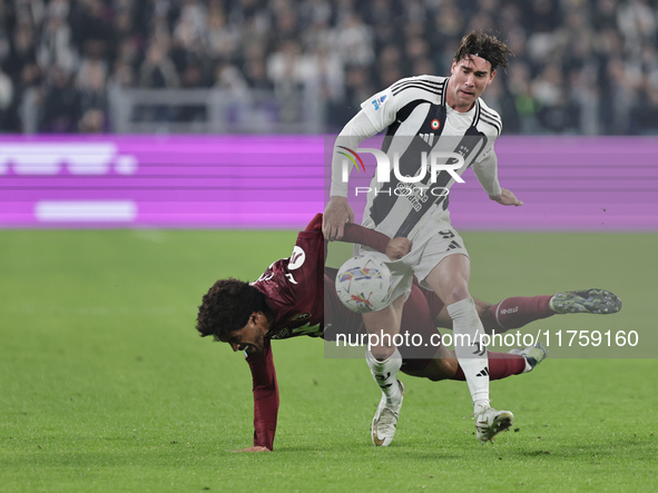 Dusan Vlahovic participates in the Serie A 2024-2025 match between Juventus and Torino in Turin, Italy, on November 9, 2024. 