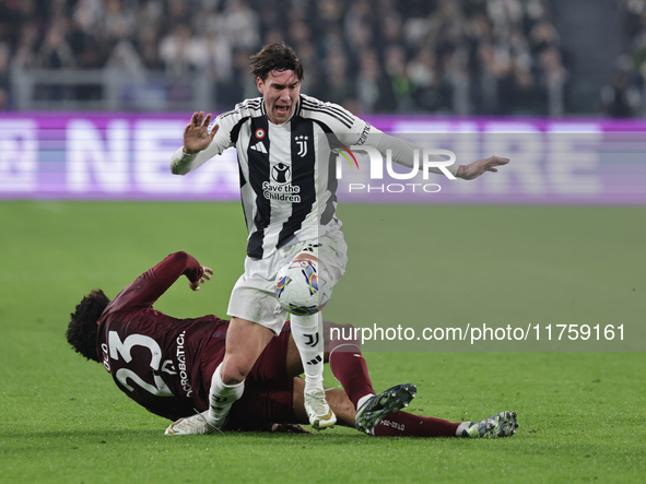 Dusan Vlahovic participates in the Serie A 2024-2025 match between Juventus and Torino in Turin, Italy, on November 9, 2024. 