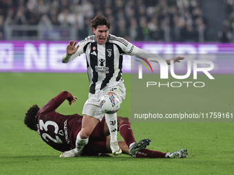 Dusan Vlahovic participates in the Serie A 2024-2025 match between Juventus and Torino in Turin, Italy, on November 9, 2024. (