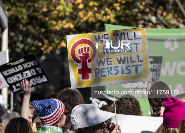 Outside the Heritage Foundation in Washington, DC, on November 9, 2024, hundreds of people protest against Project 2025 to show their opposi...