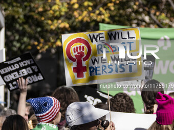 Outside the Heritage Foundation in Washington, DC, on November 9, 2024, hundreds of people protest against Project 2025 to show their opposi...