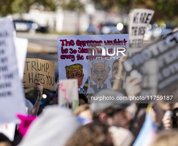 On November 9, 2024, in Washington, D.C., outside the Heritage Foundation, an anti-Project 2025 protest takes place. Hundreds of people gath...