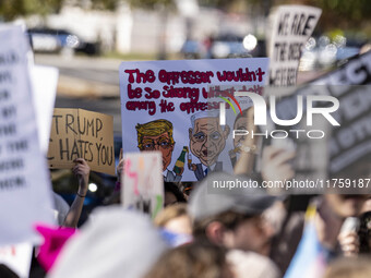 On November 9, 2024, in Washington, D.C., outside the Heritage Foundation, an anti-Project 2025 protest takes place. Hundreds of people gath...